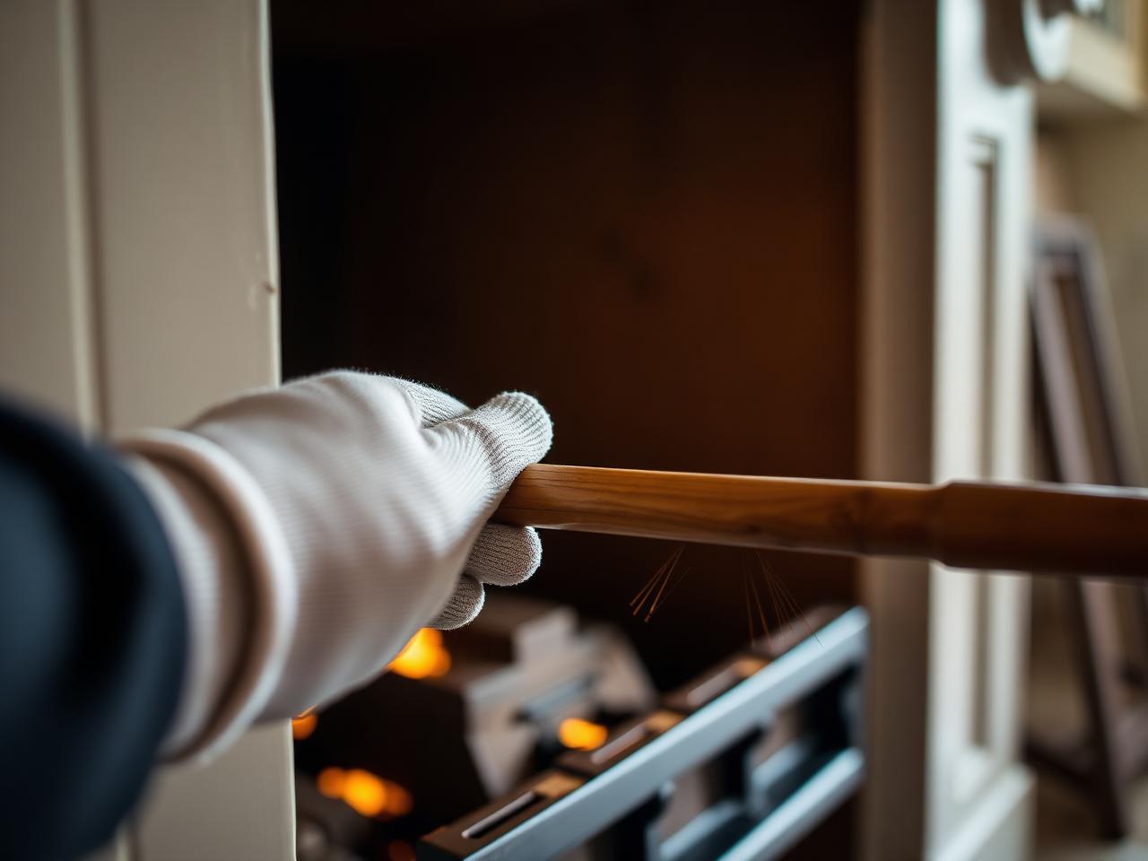 Close-up of a power-sweep brush rod being fed into a flue